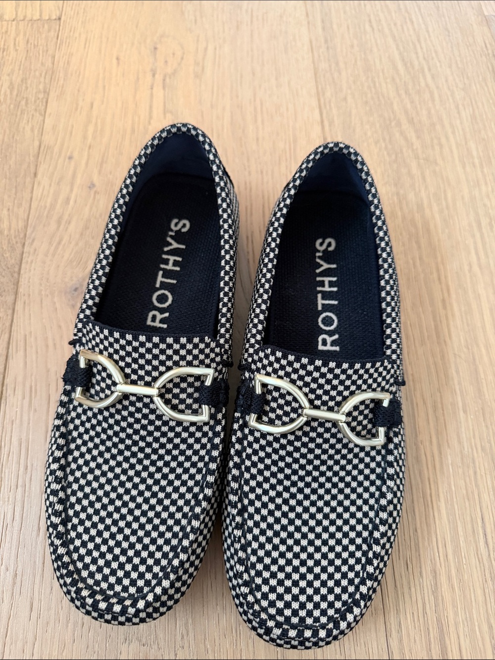 Rothy's Black & White Checkerboard Loafers with Gold Horsebit